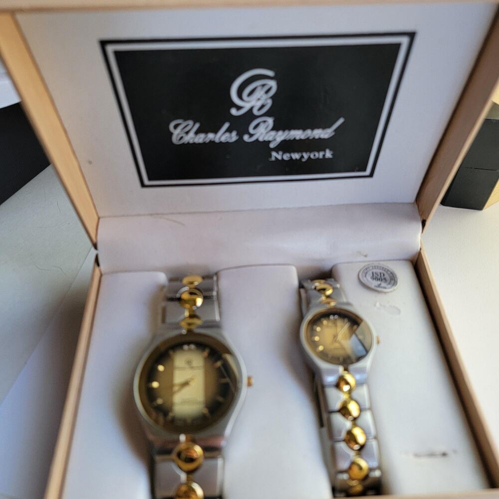 Charles Raymond Mens Watch Gold Dial Two Tone Bracelet Quartz Box Set His Hers